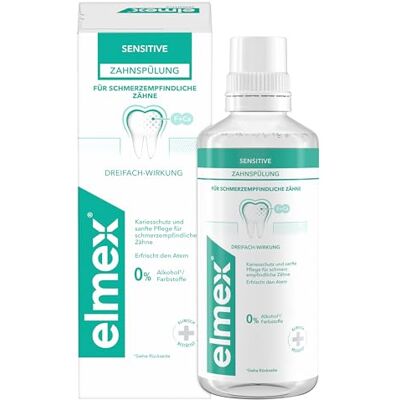 ELMEX Zahnspülung Sensitive 400ml – Zahnspülung für Extraschutz vor schmerzempfindlichen Zähnen und Zahnhalskaries – für die tägliche Zahnreinigung ohne Alkohol mit Minzgeschmack ELMEX Zahnspülung Sensitive 400ml – Zahnspülung für Extraschutz vor schmerzempfindlichen Zähnen und Zahnhalskaries – für die tägliche Zahnreinigung ohne Alkohol mit Minzgeschmack