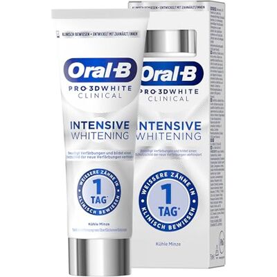 Oral-B Whitening Zahnpasta, Pro 3D Clinical Intensive White, 75ml Weißere Zähne In 1 Tag, sanft zum Zahnschmelz Und Zur täglichen Anwendung, Kühle Minze Oral-B Whitening Zahnpasta, Pro 3D Clinical Intensive White, 75ml Weißere Zähne In 1 Tag, sanft zum Zahnschmelz Und Zur täglichen Anwendung, Kühle Minze