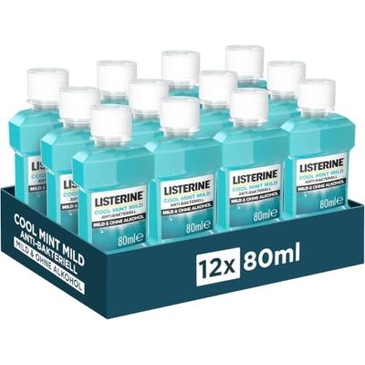 Listerine Cool Mint Mild Mundspülung Alkoholfrei, 12 x 80 ml Antibakterielles Mundwasser mit ätherischen Ölen, milder Minzgeschmack, ohne Alkohol, Ergänzung zur täglichen Mundpflege Listerine Cool Mint Mild Mundspülung Alkoholfrei, 12 x 80 ml Antibakterielles Mundwasser mit ätherischen Ölen, milder Minzgeschmack, ohne Alkohol, Ergänzung zur täglichen Mundpflege