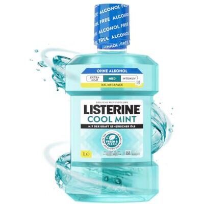 Listerine Cool Mint Mild Mundspülung Alkoholfrei, 1000 ml Antibakterielles Mundwasser mit ätherischen Ölen, milder Minzgeschmack, ohne Alkohol, Ergänzung zur täglichen Mundpflege Listerine Cool Mint Mild Mundspülung Alkoholfrei, 1000 ml Antibakterielles Mundwasser mit ätherischen Ölen, milder Minzgeschmack, ohne Alkohol, Ergänzung zur täglichen Mundpflege