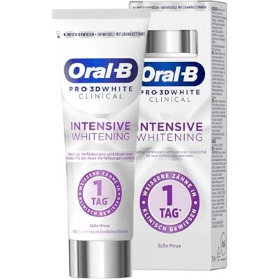 Oral-B 3D White Zahnpasta, Clinical Intensive Whitening, 75ml Weißere Zähne In 1 Tag, Zahnschmelzschonend, Für Empfindliche Zähne Geeignet, Süße Minze Oral-B 3D White Zahnpasta, Clinical Intensive Whitening, 75ml Weißere Zähne In 1 Tag, Zahnschmelzschonend, Für Empfindliche Zähne Geeignet, Süße Minze