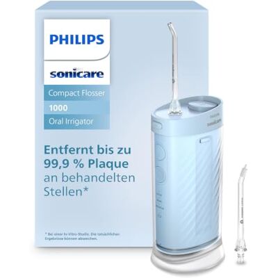 Philips Compact Flosser 1000, tragbare Munddusche mit 3 Reinigungsprogrammen, IPX7 wasserdicht, reisefreundlich, Blau, Modell HX3333/24 Philips Compact Flosser 1000, tragbare Munddusche mit 3 Reinigungsprogrammen, IPX7 wasserdicht, reisefreundlich, Blau, Modell HX3333/24
