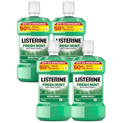 Listerine Fresh Mint (4 x 750 ml), antibakterielle Mundspülung mit ätherischen Ölen für einen frischen Atem, Mundwasser reduziert wirksam Zahnbelag und Mundgeruch Listerine Fresh Mint (4 x 750 ml), antibakterielle Mundspülung mit ätherischen Ölen für einen frischen Atem, Mundwasser reduziert wirksam Zahnbelag und Mundgeruch