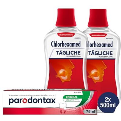 Chlorhexamed Parodontax tägliche Original Zahnpasta, 1x75ml + Tägliche Mundspülung, Effektive Plaquereduktion, 2x500 ml Chlorhexamed Parodontax tägliche Original Zahnpasta, 1x75ml + Tägliche Mundspülung, Effektive Plaquereduktion, 2x500 ml