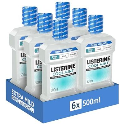 Listerine Cool Mint Extra Mild Alkoholfrei, antibakterielles Mundwasser mit ätherischen Ölen, extra milder Geschmack mit Minze und ohne Alkohol, optimale Ergänzung zur täglichen Mundpflege, 6x500 ml Listerine Cool Mint Extra Mild Alkoholfrei, antibakterielles Mundwasser mit ätherischen Ölen, extra milder Geschmack mit Minze und ohne Alkohol, optimale Ergänzung zur täglichen Mundpflege, 6x500 ml