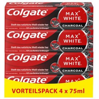 Colgate Zahnpasta Max White Charcoal 4x75ml Zahncreme mit Aktivkohle, entfernt bis zu 100% der oberflächlichen Verfärbungen Colgate Zahnpasta Max White Charcoal 4x75ml Zahncreme mit Aktivkohle, entfernt bis zu 100% der oberflächlichen Verfärbungen