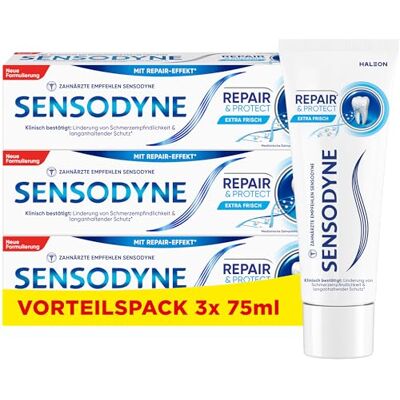 Sensodyne Repair & Protect Zahnpasta, 3x75ml, schmerzempfindliche Zähne Lindert Schmerzempfindlichkeit klinisch bestätigt und schützt langanhaltend* davor: Mit dem Inhaltsstoff NovaMin Sensodyne Repair & Protect Zahnpasta, 3x75ml, schmerzempfindliche Zähne Lindert Schmerzempfindlichkeit klinisch bestätigt und schützt langanhaltend* davor: Mit dem Inhaltsstoff NovaMin