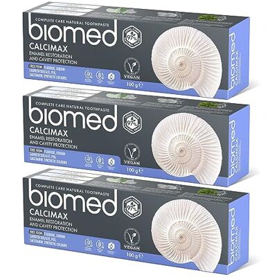 BIOMED – Calcimax Zahnpasta 3 x 100 g, stärkt und stellt den Zahnschmelz wieder her, schützt vor Karies, reinigt sanft, beruhigt Zahnfleisch und Empfindlichkeit, frei von Fluorid, SLS, PEG, Saccharin BIOMED – Calcimax Zahnpasta 3 x 100 g, stärkt und stellt den Zahnschmelz wieder her, schützt vor Karies, reinigt sanft, beruhigt Zahnfleisch und Empfindlichkeit, frei von Fluorid, SLS, PEG, Saccharin