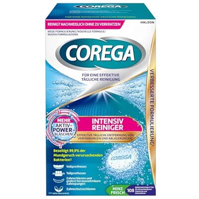 Corega Intensiv Reiniger (Tabs), 108 Stk. Intensiv Reiniger Tabs für Prothesen, Retainer & Aligner, Zahnschutzschienen und andere herausnehmbare Zahnspangen. Corega Intensiv Reiniger (Tabs), 108 Stk. Intensiv Reiniger Tabs für Prothesen, Retainer & Aligner, Zahnschutzschienen und andere herausnehmbare Zahnspangen.