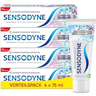 Sensodyne Zahnpasta MultiCare Sanftweiß, tägliche Zahncreme mit Fluorid, für schmerzempfindliche Zähne, 4x75ml Sensodyne Zahnpasta MultiCare Sanftweiß, tägliche Zahncreme mit Fluorid, für schmerzempfindliche Zähne, 4x75ml