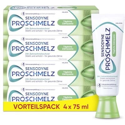 PROSCHMELZ Zahncreme Sensodyne Tägliche, 4x75ml, Zahnpasta mit 24h Zahnschmelzschutz bei 2x täglichem Zähneputzen. Stärkt und schützt für gesunde Zähne PROSCHMELZ Zahncreme Sensodyne Tägliche, 4x75ml, Zahnpasta mit 24h Zahnschmelzschutz bei 2x täglichem Zähneputzen. Stärkt und schützt für gesunde Zähne