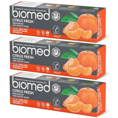 BIOMED – Zitrusfrische Zahnpasta 3 x 100 g, für frischen Atem und gesundes Zahnfleisch, frei von Fluorid, SLS, PEG, Saccharin, entfernt Plaque, schützt vor Karies, Zitrusgeschmack BIOMED – Zitrusfrische Zahnpasta 3 x 100 g, für frischen Atem und gesundes Zahnfleisch, frei von Fluorid, SLS, PEG, Saccharin, entfernt Plaque, schützt vor Karies, Zitrusgeschmack