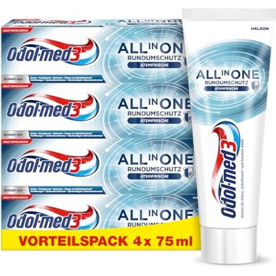 Odol-med 3 Zahncreme All in One Schutz Atemfrisch, Zahnpasta für ein reines und extra frisches Mundgefühl, 4 x 75 ml Odol-med 3 Zahncreme All in One Schutz Atemfrisch, Zahnpasta für ein reines und extra frisches Mundgefühl, 4 x 75 ml