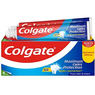 Colgate Maximum Caries Protection Zahnpasta mit Fluor, 2 Stück x 75 ml, Zahnpasta gegen Karies, Kalziumformel, die zwischen die Zähne eindringt, den Atem erfrischt, angenehmer Minzgeschmack Colgate Maximum Caries Protection Zahnpasta mit Fluor, 2 Stück x 75 ml, Zahnpasta gegen Karies, Kalziumformel, die zwischen die Zähne eindringt, den Atem erfrischt, angenehmer Minzgeschmack