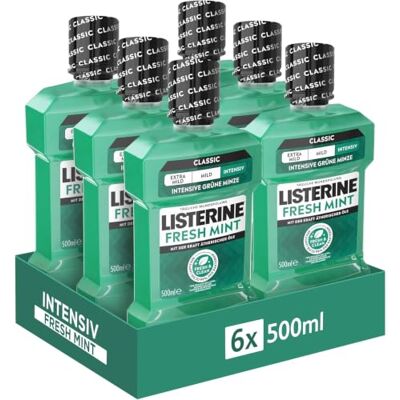 Listerine Fresh Mint Mundspülung 6 x 500 ml antibakterielles Mundwasser mit ätherischen Ölen, Hilfe bei Mundgeruch & Zahnbelag, intensiver Minzgeschmack Listerine Fresh Mint Mundspülung 6 x 500 ml antibakterielles Mundwasser mit ätherischen Ölen, Hilfe bei Mundgeruch & Zahnbelag, intensiver Minzgeschmack