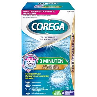 Corega 3 Minuten Tabs für Voll- und Teilprothesen, Retainer und Aligner, Zahnschutzschienen und andere herausnehmbare Zahnspangen, 1x66 Stk. Corega 3 Minuten Tabs für Voll- und Teilprothesen, Retainer und Aligner, Zahnschutzschienen und andere herausnehmbare Zahnspangen, 1x66 Stk.