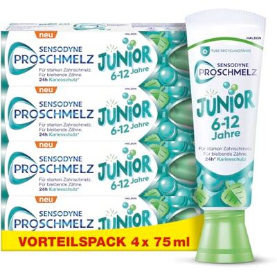 PROSCHMELZ Zahnpasta Sensodyne Junior, Zahncreme Kinder für 6-12 Jahre, für die bleibenden Zähne, für starken Zahnschmelz und zum Schutz vor Zuckersäuren, 4x75ml PROSCHMELZ Zahnpasta Sensodyne Junior, Zahncreme Kinder für 6-12 Jahre, für die bleibenden Zähne, für starken Zahnschmelz und zum Schutz vor Zuckersäuren, 4x75ml