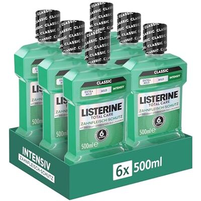 Listerine Total Care Zahnfleisch-Schutz 6 x 500 ml, schützende Mundspülung gegen Zahnfleischprobleme mit 6 in 1 Wirkung, antibakterielles Mundwasser stärkt die Zähne, bis zu 24h frischer Atem Listerine Total Care Zahnfleisch-Schutz 6 x 500 ml, schützende Mundspülung gegen Zahnfleischprobleme mit 6 in 1 Wirkung, antibakterielles Mundwasser stärkt die Zähne, bis zu 24h frischer Atem