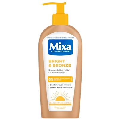 Mixa Bright & Bronze Selbstbräunende Bodylotion mit 6% Glycerin & Sheabutter, Natürlicher Selbstbräuner für Gesicht und Körper, Feuchtigkeitsspendende Körperlotion für empfindliche Haut, 250 ml Mixa Bright & Bronze Selbstbräunende Bodylotion mit 6% Glycerin & Sheabutter, Natürlicher Selbstbräuner für Gesicht und Körper, Feuchtigkeitsspendende Körperlotion für empfindliche Haut, 250 ml
