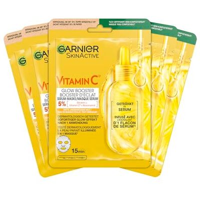 Garnier Feuchtigkeitsspendende Tuchmasken für sensible Haut, Mit Hyaluronsäure und Vitamin C, Für strahlende Haut und einen Glow-Effekt, SkinActive, 5 x 1 Masken Garnier Feuchtigkeitsspendende Tuchmasken für sensible Haut, Mit Hyaluronsäure und Vitamin C, Für strahlende Haut und einen Glow-Effekt, SkinActive, 5 x 1 Masken
