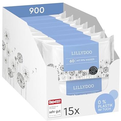 LILLYDOO Baby Feuchttücher mit 99% Wasser, 900 Stück (15 x 60), 100% plastikfreies Tuch, ohne Parfüme & mild wie Watte und Wasser LILLYDOO Baby Feuchttücher mit 99% Wasser, 900 Stück (15 x 60), 100% plastikfreies Tuch, ohne Parfüme & mild wie Watte und Wasser