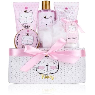 accentra Geschenkset PRINCESS KITTY, 7-teiliges Geschenkset für Mädchen mit Duschgel, Bodylotion, Körperpeeling, Körpercreme, Badebomben und Netzschwamm im rosa Körbchen, Erdbeere & Vanille Duft accentra Geschenkset PRINCESS KITTY, 7-teiliges Geschenkset für Mädchen mit Duschgel, Bodylotion, Körperpeeling, Körpercreme, Badebomben und Netzschwamm im rosa Körbchen, Erdbeere & Vanille Duft
