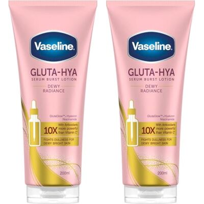 Vaseline Gluta-Hya Dewy Radiance, Feuchtigkeitsspendende Lotion, Reich an Antioxidantien, Leichte Textur, Schnelles Einziehen, Weiche und Strahlende Haut, GlutaGlow und Hyaluronsäure, 2x 200 ml Vaseline Gluta-Hya Dewy Radiance, Feuchtigkeitsspendende Lotion, Reich an Antioxidantien, Leichte Textur, Schnelles Einziehen, Weiche und Strahlende Haut, GlutaGlow und Hyaluronsäure, 2x 200 ml