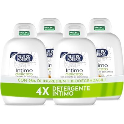 Neutro Roberts , Sanfter Intimreiniger, Reiniger für die Intimhygiene mit Kamille, 100% natürlich – geeignet für empfindliche Haut, für Frauen und Kinder – Klinisch getestet – 4 Flaschen à 200 ml Neutro Roberts , Sanfter Intimreiniger, Reiniger für die Intimhygiene mit Kamille, 100% natürlich – geeignet für empfindliche Haut, für Frauen und Kinder – Klinisch getestet – 4 Flaschen à 200 ml