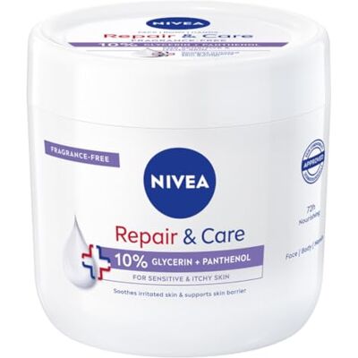 NIVEA Körpercreme Repair & Care 400 ml, Allzweckcreme ohne Duft für empfindliche und gereizte Haut, schnell einziehende Körpercreme, Gesicht und Hände, angereichert mit Panthenol und Glycerin NIVEA Körpercreme Repair & Care 400 ml, Allzweckcreme ohne Duft für empfindliche und gereizte Haut, schnell einziehende Körpercreme, Gesicht und Hände, angereichert mit Panthenol und Glycerin