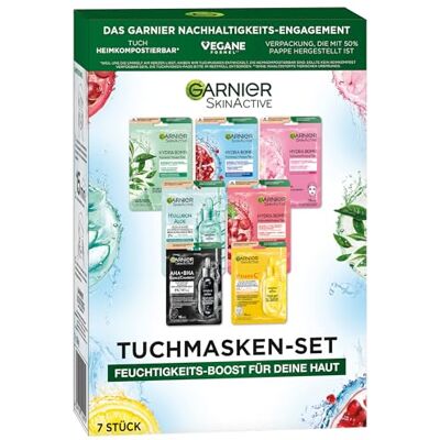 Garnier Tuchmasken Set für jeden Hauttyp, 7 Gesichtsmasken für trockene bis normale Haut, Vegane Formel mit Hyaluronsäure, Hydra Bomb und Nutri Bomb Maskenset, 7 x 28 g Garnier Tuchmasken Set für jeden Hauttyp, 7 Gesichtsmasken für trockene bis normale Haut, Vegane Formel mit Hyaluronsäure, Hydra Bomb und Nutri Bomb Maskenset, 7 x 28 g