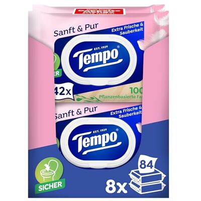 Tempo Feuchte Toilettentücher "Sanft & Pur" Megapack 16 Packungen mit je 42 Tüchern Duo Packs feuchtes Toilettenpapier, dermatologisch getestet und pH-hautneutral Tempo Feuchte Toilettentücher "Sanft & Pur" Megapack 16 Packungen mit je 42 Tüchern Duo Packs feuchtes Toilettenpapier, dermatologisch getestet und pH-hautneutral