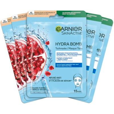 Garnier Tuchmaskenset Granatapfel fürs Gesicht bei trockener Haut, Revitalisierend und feuchtigkeitsspendend, Mit Hyaluronsäure und Granatapfelextrakt, SkinActive, Hydra Bomb, 5x 28g Garnier Tuchmaskenset Granatapfel fürs Gesicht bei trockener Haut, Revitalisierend und feuchtigkeitsspendend, Mit Hyaluronsäure und Granatapfelextrakt, SkinActive, Hydra Bomb, 5x 28g