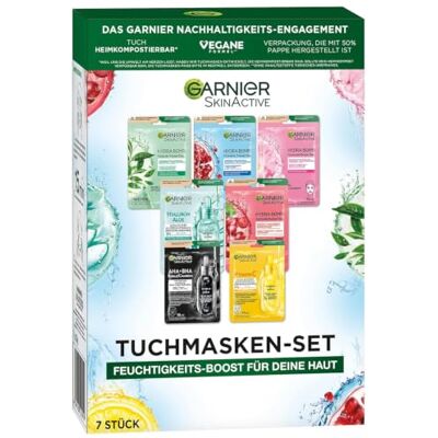 Garnier Tuchmasken Set für jeden Hauttyp, 7 Gesichtsmasken für trockene bis normale Haut, Vegane Formel mit Hyaluronsäure, Hydra Bomb und Nutri Bomb Maskenset, 7 x 28 g Garnier Tuchmasken Set für jeden Hauttyp, 7 Gesichtsmasken für trockene bis normale Haut, Vegane Formel mit Hyaluronsäure, Hydra Bomb und Nutri Bomb Maskenset, 7 x 28 g