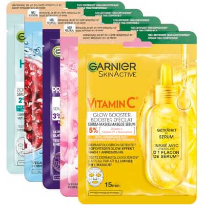 Garnier SkinActive Tuchmasken Set, Tuchmasken für das Gesicht, Feuchtigkeitsspendende Gesichtsmasken, Erfrischend, Revitalisierend, Glättend, Sanft strahlend, Glow boostend, 5 Stück Garnier SkinActive Tuchmasken Set, Tuchmasken für das Gesicht, Feuchtigkeitsspendende Gesichtsmasken, Erfrischend, Revitalisierend, Glättend, Sanft strahlend, Glow boostend, 5 Stück