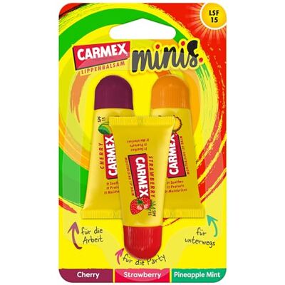 Carmex Minis Lippenpflege für trockene und spröde Lippen, Lippenbalsam mit Vaseline, Vitamin E, Bienenwachs und Sonnenschutz, intensive Feuchtigkeitspflege, im praktischen Mini Format (3 x 5g) Carmex Minis Lippenpflege für trockene und spröde Lippen, Lippenbalsam mit Vaseline, Vitamin E, Bienenwachs und Sonnenschutz, intensive Feuchtigkeitspflege, im praktischen Mini Format (3 x 5g)