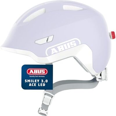 ABUS Kinderhelm Smiley 3.0 ACE LED Fahrradhelm mit Licht Tiefe Passform & Platz für einen Zopf für Mädchen und Jungs Pure Lavender, Größe M ABUS Kinderhelm Smiley 3.0 ACE LED Fahrradhelm mit Licht Tiefe Passform & Platz für einen Zopf für Mädchen und Jungs Pure Lavender, Größe M