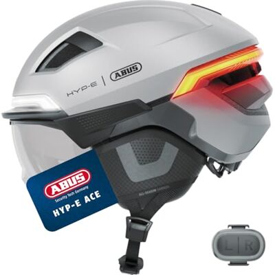 ABUS Fahrradhelm HYP-E ACE mit Frontlicht, Rücklicht und Blinklicht mit Visier und Ohrenschützern geeignet auch für E-Bike und S-Pedelec für Damen und Herren Größe M, Silber ABUS Fahrradhelm HYP-E ACE mit Frontlicht, Rücklicht und Blinklicht mit Visier und Ohrenschützern geeignet auch für E-Bike und S-Pedelec für Damen und Herren Größe M, Silber
