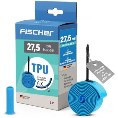Fischer TPU Fahrradschlauch MTB 27,5 Zoll, Mountainbike Schlauch 54-584 bis 65-584, mit Adapter für größere Ventillöcher, 6X Pannenschutz Fischer TPU Fahrradschlauch MTB 27,5 Zoll, Mountainbike Schlauch 54-584 bis 65-584, mit Adapter für größere Ventillöcher, 6X Pannenschutz
