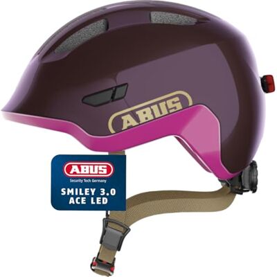 ABUS Kinderhelm Smiley 3.0 ACE LED Fahrradhelm mit Licht tiefe Passform & Platz für einen Zopf für Mädchen und Jungs Violett Glänzend, Größe M ABUS Kinderhelm Smiley 3.0 ACE LED Fahrradhelm mit Licht tiefe Passform & Platz für einen Zopf für Mädchen und Jungs Violett Glänzend, Größe M