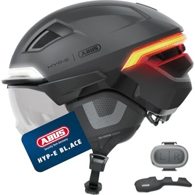 ABUS Fahrradhelm HYP-E B.LACE mit Front-, Rück- und Blinklicht sowie kabellos zu aktivierendem Bremslicht mit Visier und Ohrenschützern für Fahrrad, E-Bike und S-Pedelec Größe L, Grau ABUS Fahrradhelm HYP-E B.LACE mit Front-, Rück- und Blinklicht sowie kabellos zu aktivierendem Bremslicht mit Visier und Ohrenschützern für Fahrrad, E-Bike und S-Pedelec Größe L, Grau