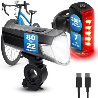 Fischer Twin Fahrradlicht Set, 360° Bodenbeleuchtung, LED Fahrradlampe 80 Lux, Akku aufladbar mit USB C, vorne und hinten werkzeuglos montierbar Fischer Twin Fahrradlicht Set, 360° Bodenbeleuchtung, LED Fahrradlampe 80 Lux, Akku aufladbar mit USB C, vorne und hinten werkzeuglos montierbar