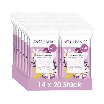Cleanic Soft Intimpflegetücher, 14 x 20 Stk. Kamillenextrakt Milchsäure sanfte Reinigung tägliche Hygiene Linderung von Irritationen spülbar Cleanic Soft Intimpflegetücher, 14 x 20 Stk. Kamillenextrakt Milchsäure sanfte Reinigung tägliche Hygiene Linderung von Irritationen spülbar