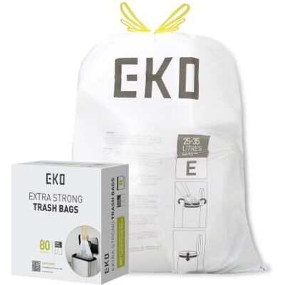 EKO reißfest Müllbeutel mit Zugband, 25-35 Liter Müllsäcke, 80 Beutel, extra stark, Schnellzugriffsbox, auslaufsichere Mülltüten für sicheren Halt am Mülleimer, weiß, Größe E EKO reißfest Müllbeutel mit Zugband, 25-35 Liter Müllsäcke, 80 Beutel, extra stark, Schnellzugriffsbox, auslaufsichere Mülltüten für sicheren Halt am Mülleimer, weiß, Größe E