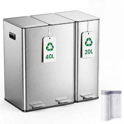 YEAUPE PRO Mülleimer Küche 60L, 3 Fächer 2x20L + 20L, Abfalleimer Recycling Mülltrennung, Edelstahl Treteimer mit Soft-Close Deckel, Herausnehmbare Inneneimer, Geruchsfilterfach, 15 Müllbeutel YEAUPE PRO Mülleimer Küche 60L, 3 Fächer 2x20L + 20L, Abfalleimer Recycling Mülltrennung, Edelstahl Treteimer mit Soft-Close Deckel, Herausnehmbare Inneneimer, Geruchsfilterfach, 15 Müllbeutel