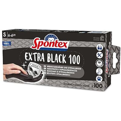 Spontex Extra Black Einmalhandschuhe aus Vinyl, ungepudert und latexfrei, vielseitig einsetzbar, in praktischer Spenderbox, Größe S, 100er Pack, schwarz Spontex Extra Black Einmalhandschuhe aus Vinyl, ungepudert und latexfrei, vielseitig einsetzbar, in praktischer Spenderbox, Größe S, 100er Pack, schwarz