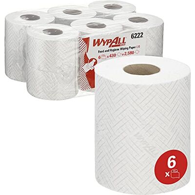 Wypall ® L10 Papierreinigungstücher 6222, 1-lagige weiße Reinigungstücher für Lebensmittel und Hygiene, mit Zentralentnahme, 6 Rollen x 430 Papierreinigungstücher (insges. 2.580) Wypall ® L10 Papierreinigungstücher 6222, 1-lagige weiße Reinigungstücher für Lebensmittel und Hygiene, mit Zentralentnahme, 6 Rollen x 430 Papierreinigungstücher (insges. 2.580)