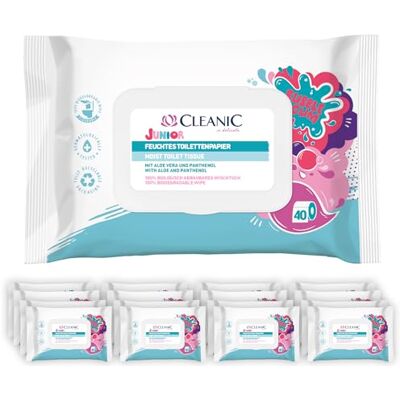 Cleanic Junior feuchtes Toilettenpapier für Kinder, spülbar, 16 x 40 Stück Vorratspack 640 Stück, Toilettentücher mit Aloe Vera und Panthenol, Kaugummiduft, unterstützt das Toilettentraining Cleanic Junior feuchtes Toilettenpapier für Kinder, spülbar, 16 x 40 Stück Vorratspack 640 Stück, Toilettentücher mit Aloe Vera und Panthenol, Kaugummiduft, unterstützt das Toilettentraining
