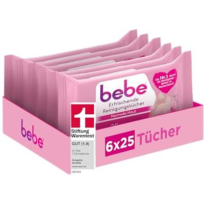 bebe Erfrischende Reinigungstücher( 6 x 25 Stück) gründlich reinigende Abschminktücher mit Rosenwasser und Mizellentechnologie für normale Haut ,Testsieger bebe Erfrischende Reinigungstücher( 6 x 25 Stück) gründlich reinigende Abschminktücher mit Rosenwasser und Mizellentechnologie für normale Haut ,Testsieger