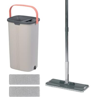 Relaxdays Flachmopp Set, 5L Eimer mit Wringfunktion, 2 Kammern, grau Schabezähne, HBT: 39x19x24,5cm, 2x Mikrofaser-Pads Relaxdays Flachmopp Set, 5L Eimer mit Wringfunktion, 2 Kammern, grau Schabezähne, HBT: 39x19x24,5cm, 2x Mikrofaser-Pads