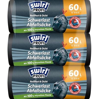 Swirl Schwerlast-Müllsäcke 60 l (3 x 12 Beutel), Mülltüten mit praktischem Zugband, tropf- und durchstoßsichere Müllbeutel für schweren Abfall aus Haus und Garten Swirl Schwerlast-Müllsäcke 60 l (3 x 12 Beutel), Mülltüten mit praktischem Zugband, tropf- und durchstoßsichere Müllbeutel für schweren Abfall aus Haus und Garten
